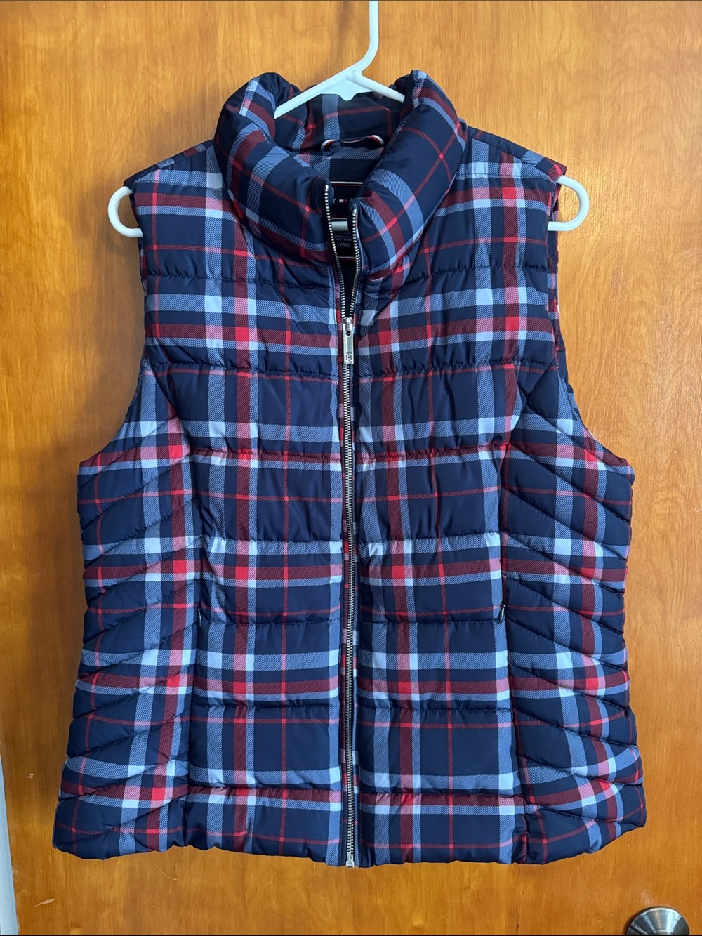 Ladies Tommy Hilfiger Navy, Red & White Quilted Plaid Puffer Vest